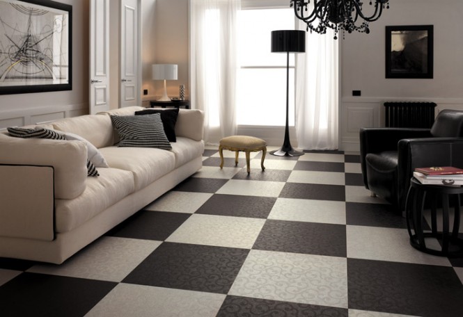 Black white living room checkered floor tiles