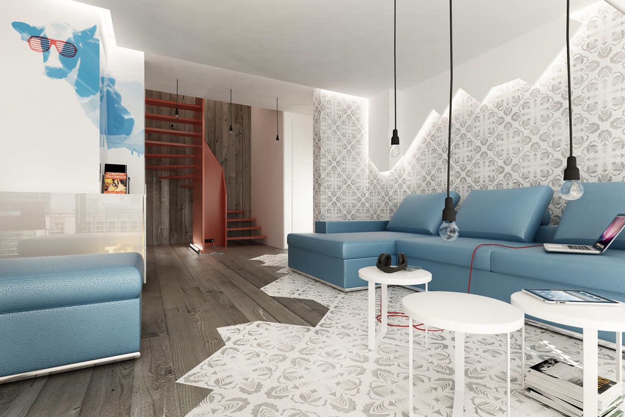 Blue Brown White Modern Living Room Interior Design Ideas