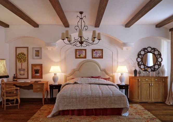 Nezus's traditional bedroom designs are full of character, drawing special attention to chunky ceiling beams and architectural features. Ornate furniture and lighting fixtures add a delicate note over the heavy backdrop, with pale wall colors allowing the pieces to stand out.