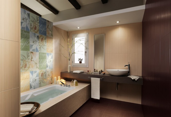 Floral bathroom tiles floating vanity unit