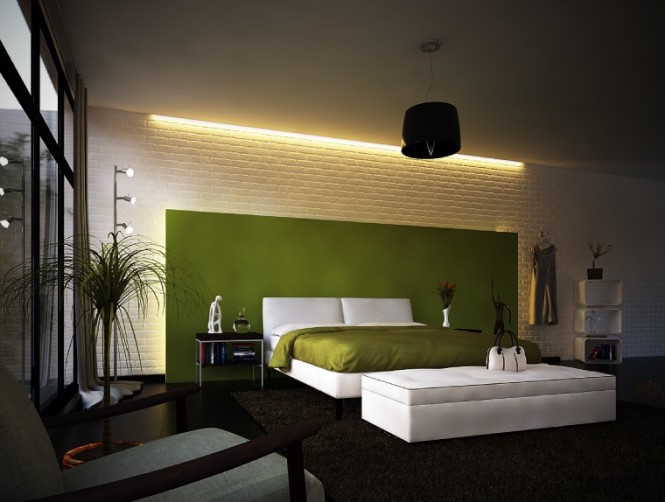 Via Hybrido Studio 3DAn unexpected blast of color against a stark wall is a great place to start, and the ideal application is an oversized headboard, which should span most of the wall space, or the wall behind your bed head; be as loud and proud as you dare!