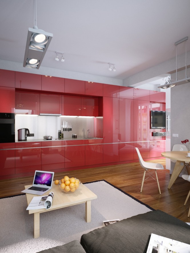 The strong statement of tomato red kitchen cabinets, which hit you as you enter the apartment, is taken into the other areas of the home in subtle threads; pieces of artwork above the dining table, the sofa, and even over the bed are dashed with matching shades, creating a continuous color story throughout the entire living and sleeping spaces, adding pops of interest to an otherwise simplistic scheme.