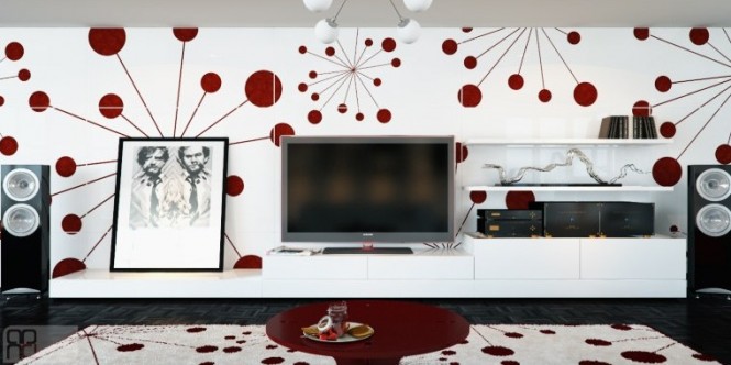 A vivacious feature wall is home to this room's sound and vision equipment, creating a design buzz before the electricity is even turned on. A large rug continues the molecular pattern in bright red on white, and a punchy coffee table pulls the two together on a mid height level.