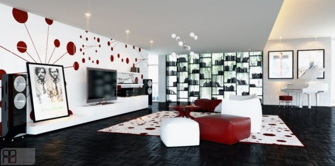 Red white graphic feature wall