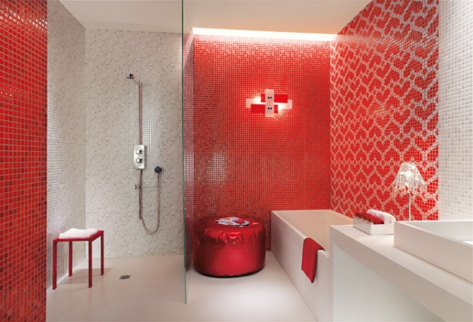Red white heart mosaic tiles bathroom