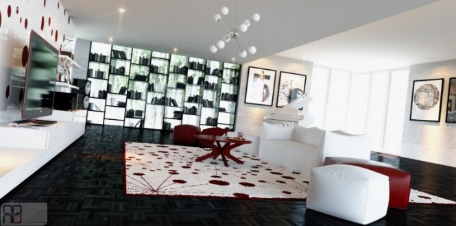 Red white living room decor