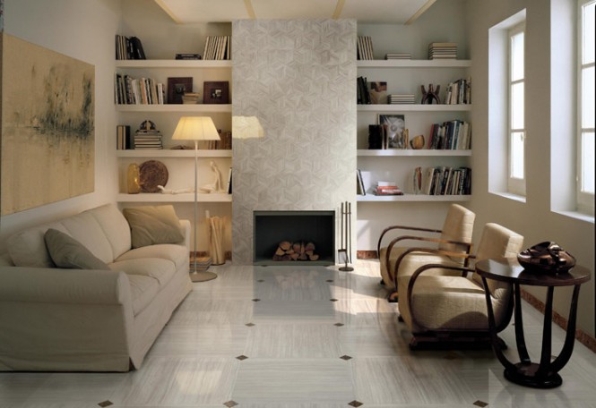 Sophisticated living room brown white floor tile