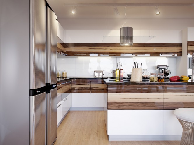 The kitchen hardware compliments the horizontal pattern, with long nickel bar handles following the flow.