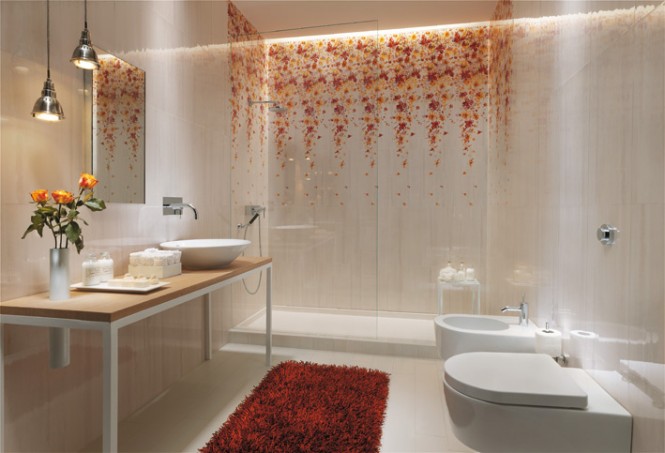 White floral bathroom tile design
