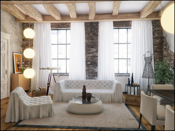 Via ProxyCombine different textures in your living space for extra impact, such as teaming an old original exposed brick wall with sheer floaty drapes, and deep pile soft area rugs. The unexpected combinations will create an interesting and cosy layered effect.