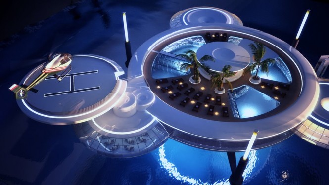 An enormous swimming pool marks the centre of the futuristic sky disc, and adjacent satellites, accessed via glass-walled passageways that tunnel through the diving training pool, hold a restaurant, spa and special recreation area. More seawater swimming pools reside on the rooftop along with an exotic garden, whilst an indoor multifunctional lobby harbors screens that monitor the surrounding aqueous zone, including a peek at diving activities in real time.