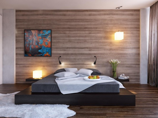 Above 2 via Happy IrenaWood clad walls, as seen on smart new build exteriors, work over expanses of interior walls too; an ideal application is a bedroom feature wall, where the warm material will create an impressive extension of your headboard.