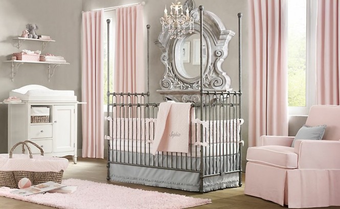 Plain walls are adorned with heavily ornate mirror frames in soft shades to tie with the surroundings whilst still creating stunning impact. Floor to ceiling mirrors create even more drama and sense of space and light when placed behind a crib to reflect the whole room.