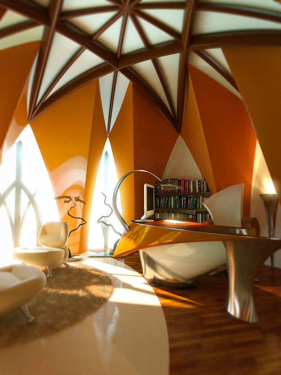 Orange White Office Vaulted Ceiling Interior Design Ideas
