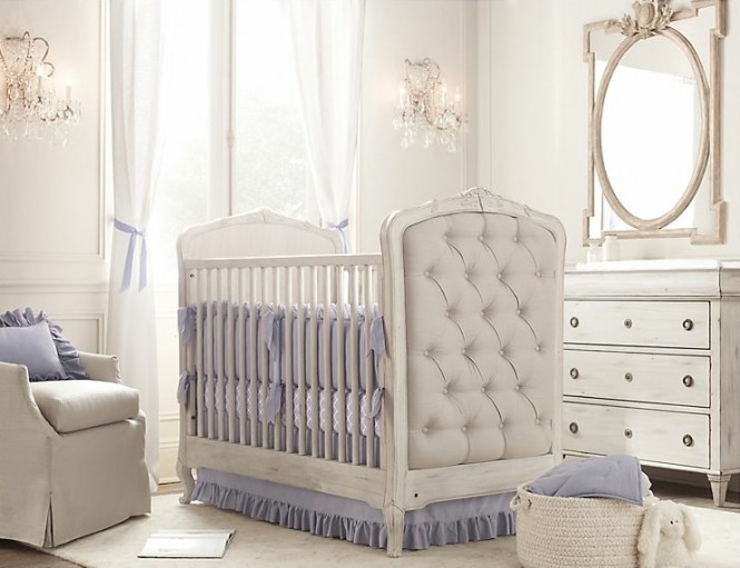 Upholstered crib white blue nursery