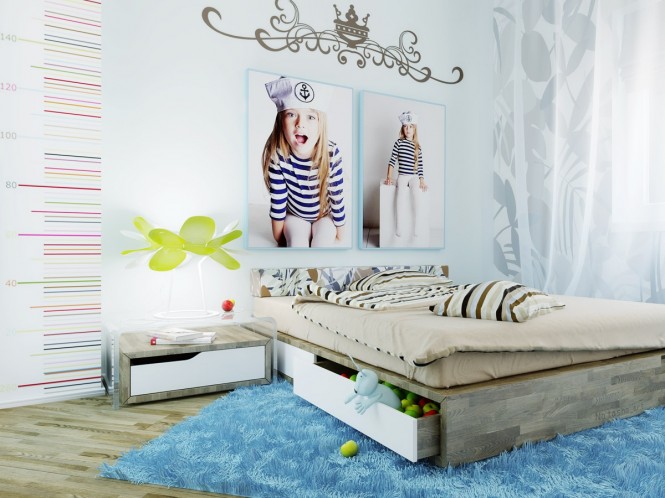 Via NatashaThis cool blue creation is a clear getaway from the pink princess palaces, but still pops with pretty detailing in the swirling wall decal and floral print textiles.