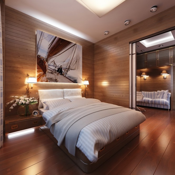A canvas above the bed holds an action shot of a yacht on the waves, to sail who rests below off to dreamland.