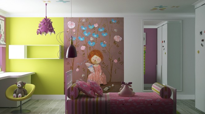 Via Kate ChelyustnikovaA character themed wall mural adds quirkiness to plain paintwork, gaining maximum impact from surrounding clashing colors.