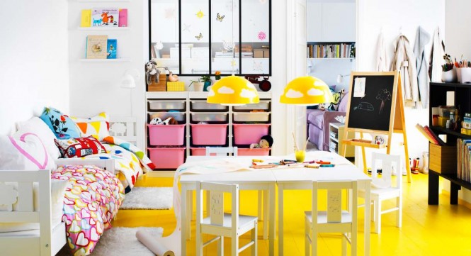 Kids play rooms, home offices and hobby rooms are encouraged to embrace fun and frivolity with the use of bold Ikea textiles.