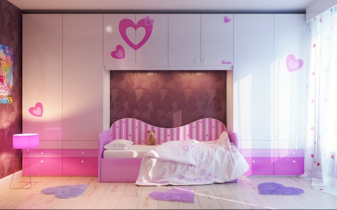 Via VladoMNA Barbie and heart themed room is at the pinnacle of girlie glamour, whilst pink floral wallpaper conjures equal femininity without the branding. White furniture offsets the sweetness to keep the overall look of the scheme fresh and light.