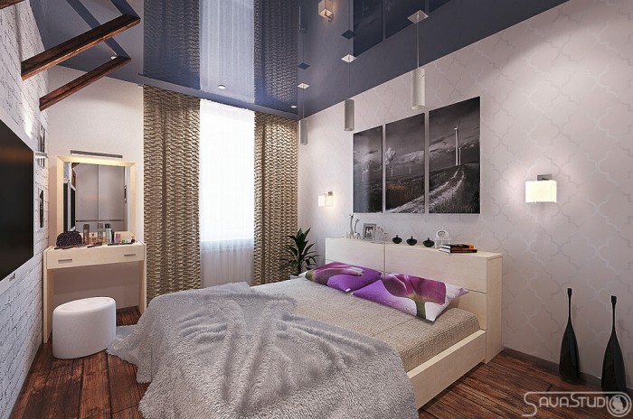 Purple blue white bedroom