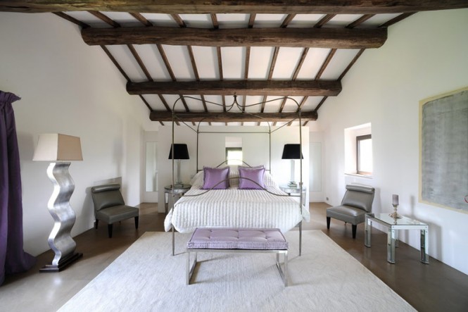 White lilac bedroom wooden ceiling beams