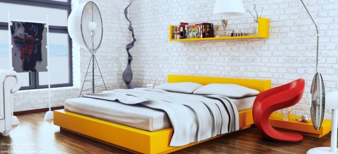 Yellow white red modern bedroom