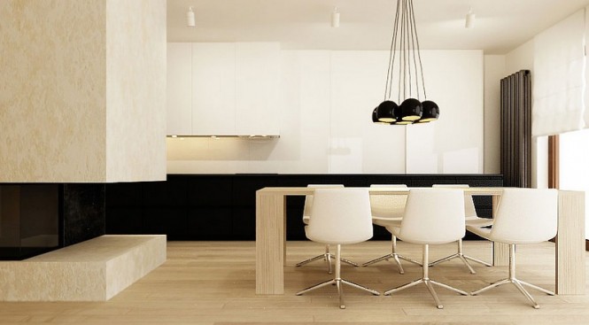 Soft creamy tones sandwiches an ebony stripe across the expanse of this dining space.