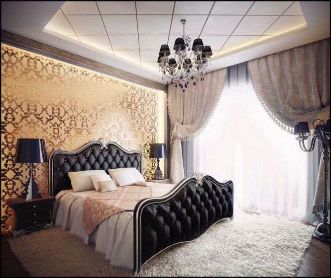 The luxurious metallic gold wallpaper in this setting screams opulence and glamor when placed behind daring black furniture and accent pieces.
