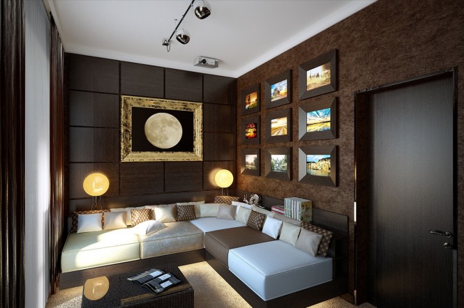 At the opposite end of the scale, we see the same home decorated in a far more deep and sumptuously sophisticated lounge décor, bathed in a chocolate brown textured wallcovering, and accented in a lunar theme through moon wall art and twin celestial lamps.