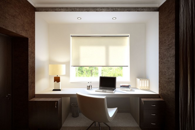 The mature look continues through into a home office with complimentary dark storage cabinets and wood bark texturing.