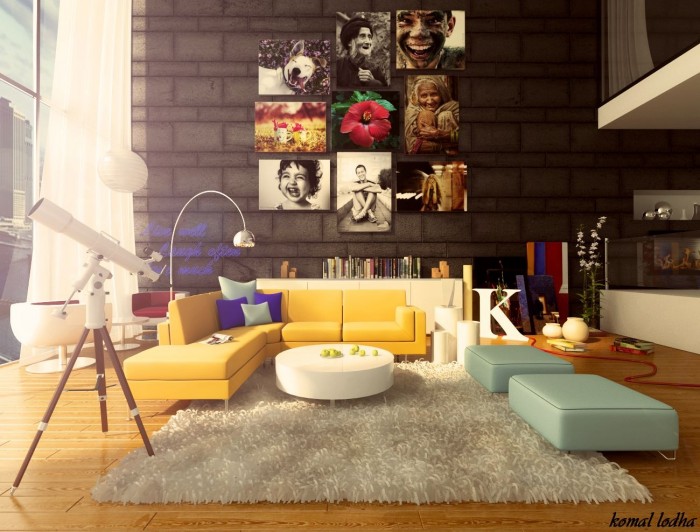 Keeping the backdrop dark and on the stark side allows the option of adding bold and colorful artwork without the danger of an over complicated result. Furniture can also steal some of the limelight in cool clashing colors, which works in perfect harmony with the rainbow of wall art.