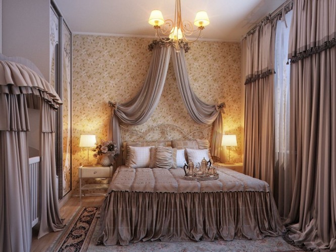 By Irena Dramatic curtain swags and dust ruffles take these spaces to the extreme of boudoir styling, probably on the fussy side for a lot of people, but for a traditionalist this will make you want to pad about in marabou slippers with a cheeky glass of champagne in hand!
