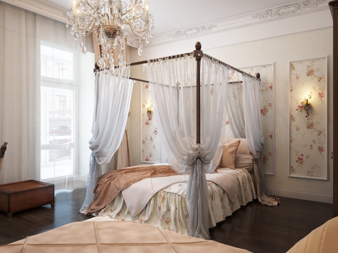 By Irena Four-poster beds provide instant romance when swathed in sheer, pooling fabric, and the tall panels of floral wall covering behind this one bring an extra feminine touch to the room, helped along by pretty wall sconces and a central sparkler.