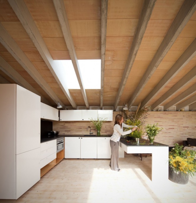 In the southwest of the house, a courtyard allows a flood of sunlight in the kitchen, study and bathroom areas; this design also provides a natural, environmentally friendly heat source, as the solar greenhouse air in turn warms the home.