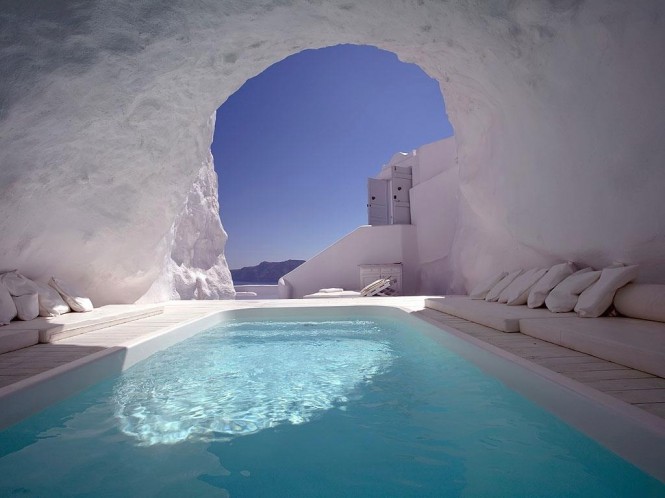The Katikies Hotel, Santorini, hold a poolside patio hangout like no other.