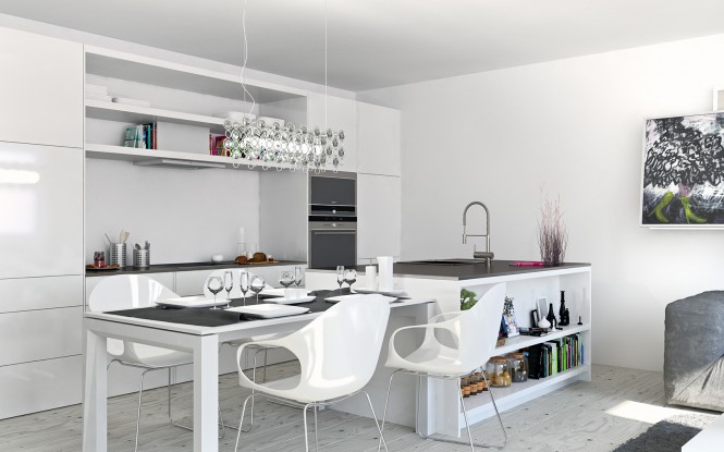 The design supplies added interest in the bright white kitchen area with open shelving to display attractive kitchen paraphernalia and cookbooks.