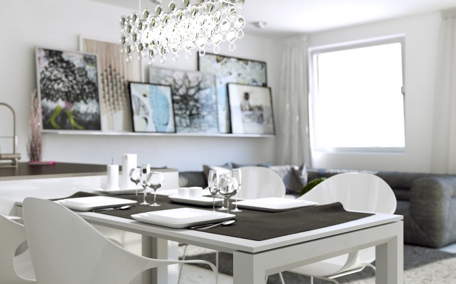 A little sparkle goes a long way in adding a splash of glamour, and this modern chandelier finds a perfect central spot over the dining table.