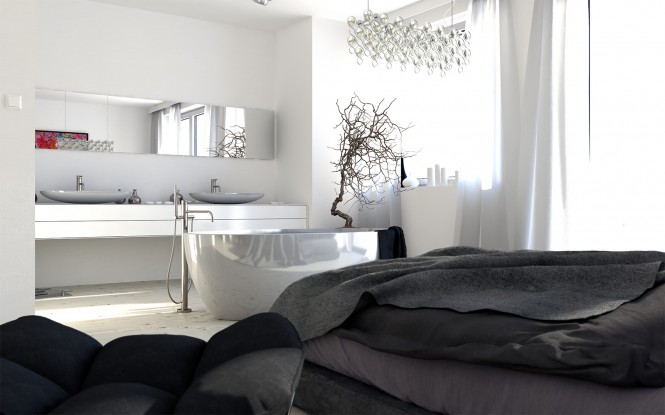 This combined bedroom/bathroom is super sleek with its bold layout of centrally situated bathtub and twin basins.