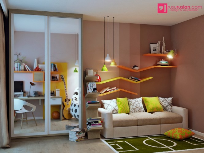The zigzag shelving in this kids space forms an electric current of color across a neutral wall, complemented by a complimentary cluster of pendant lights.