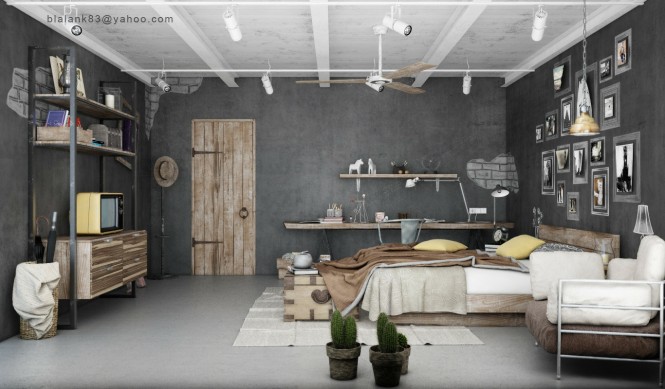 The first combats the coldness of gray concrete walls by incorporating the organic shapes and tones of driftwood into the scheme. The ragged edged wooden pieces are fashioned into a desk with an overhead shelf, which compliment the rustic wooden headboard, heavy door and two-toned storage unit.