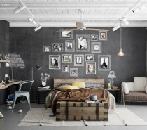 The charcoal gray walls are lifted by the presence of a bright white ceiling, and a large cream area rug sprawling from beneath the end of the bed, and the vintage style chest at it's foot.