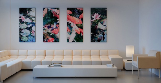 Via ScheMake a statement with wall art, and don’t scrimp on the proportions! Large pieces hung in multiples look bold and daring.