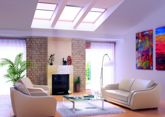 Grid skylights in contemporary living room