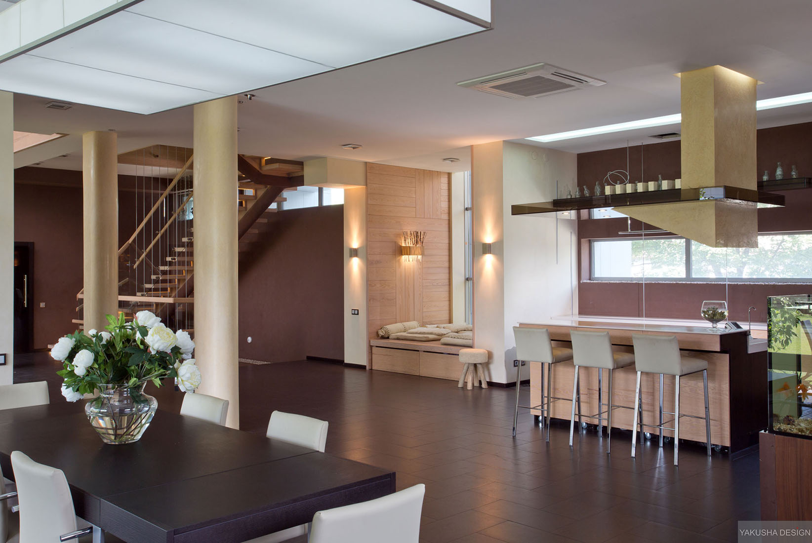 Modern kitchen dining open-plan with pillars and breakfast bar ...