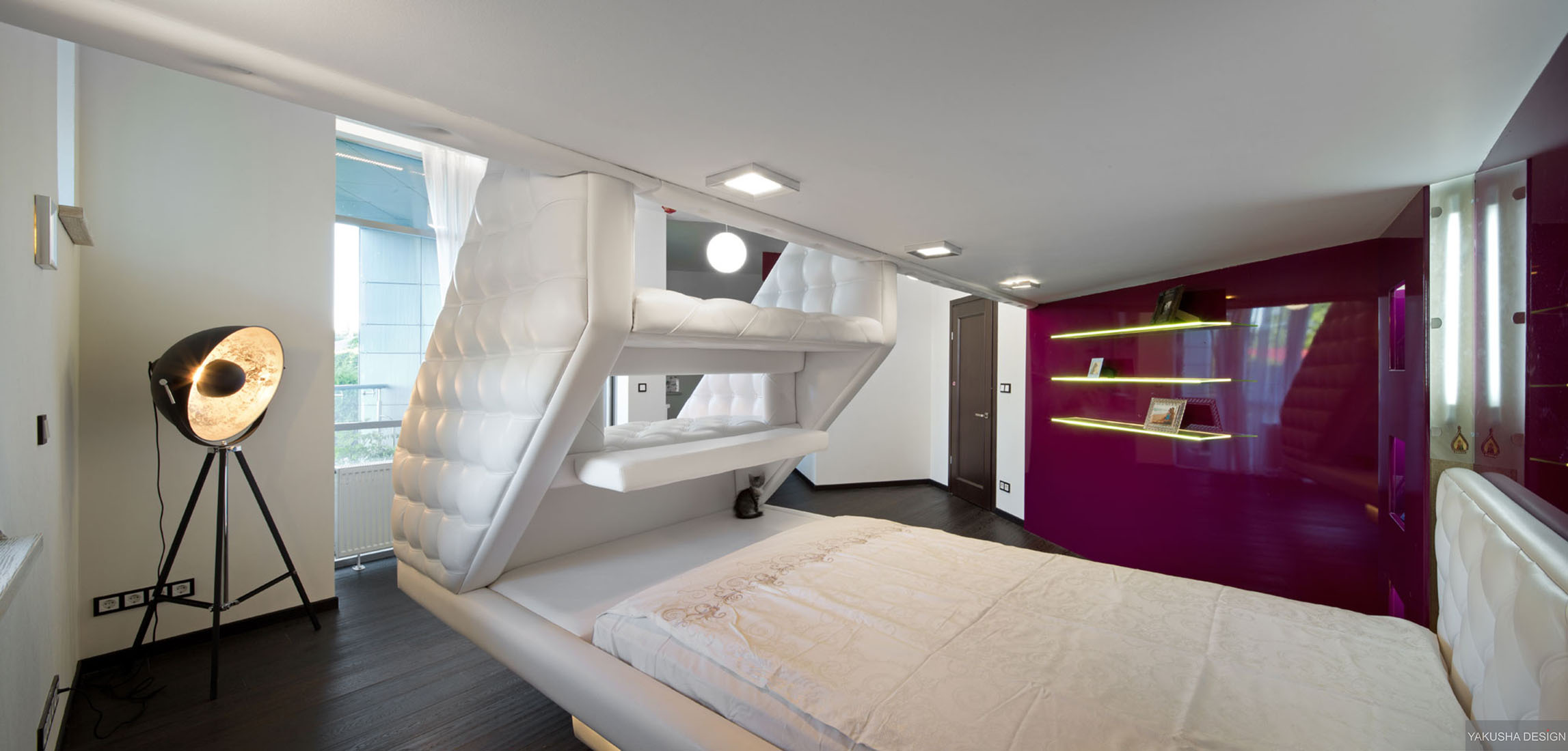 Split Level Plush Futuristic Retro Bedroom In White With Red