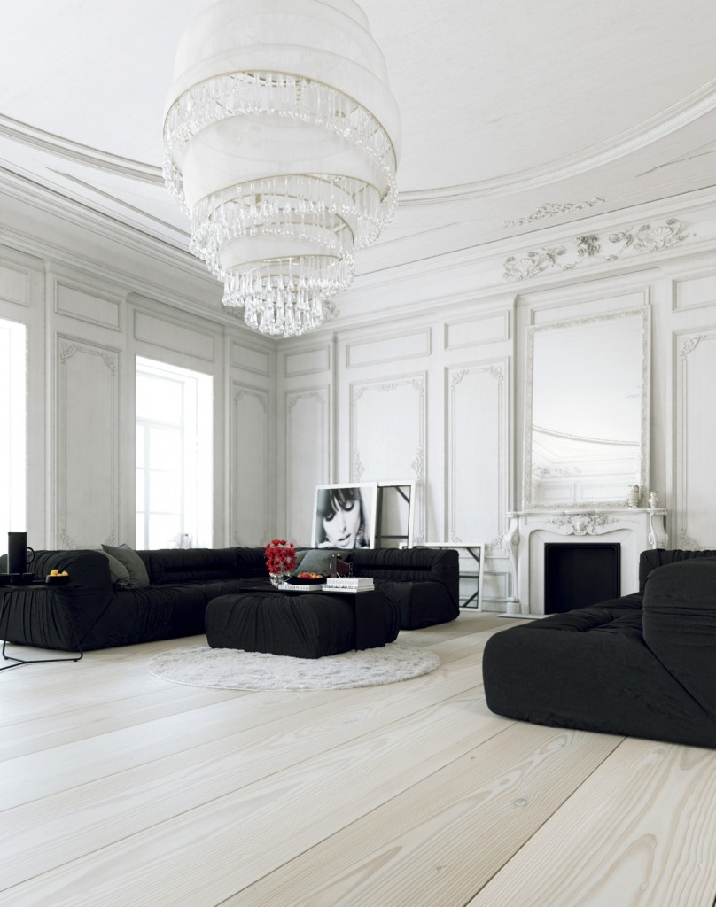 Parisian Apartment Living With Large White Chandelier And Black