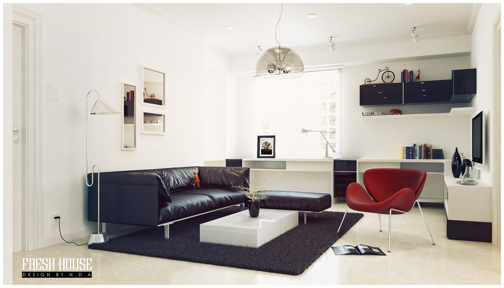 Black White Living Room Red Accents Interior Design Ideas