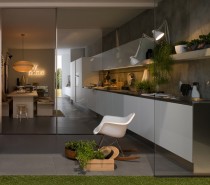linear kitchen design glass doors