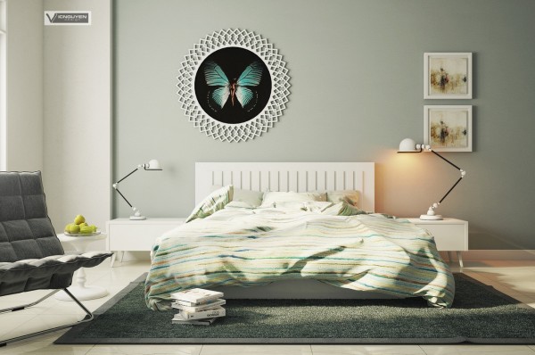 There is no avoiding the natural inspiration for this green and white bedroom. Different shades of green thread their way through duvet, curtains, walls, and floors. White windows open inward to let in light and breeze but can close tightly and be curtained off for any necessary sleeping in. `
